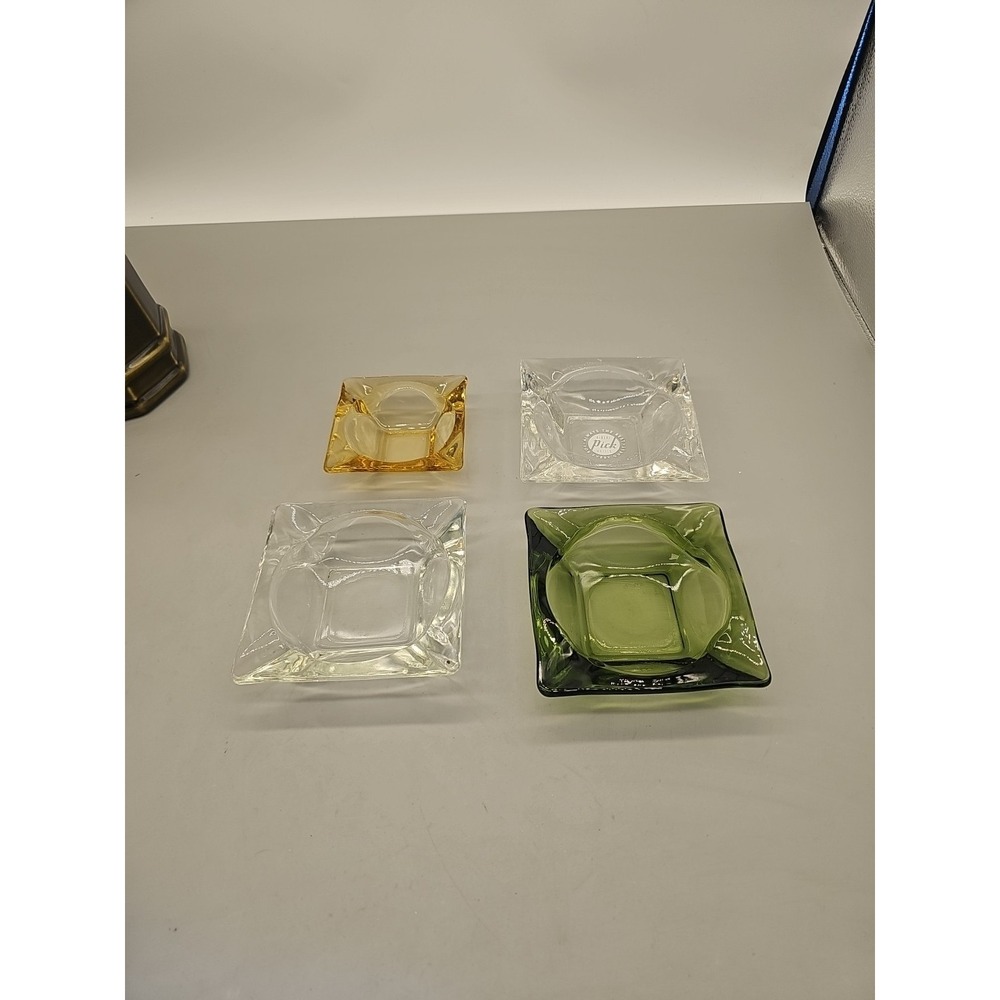 MCM Emerald Green Amber Dark Square Thick Glass Ashtrays Lot Of 4 Vintage